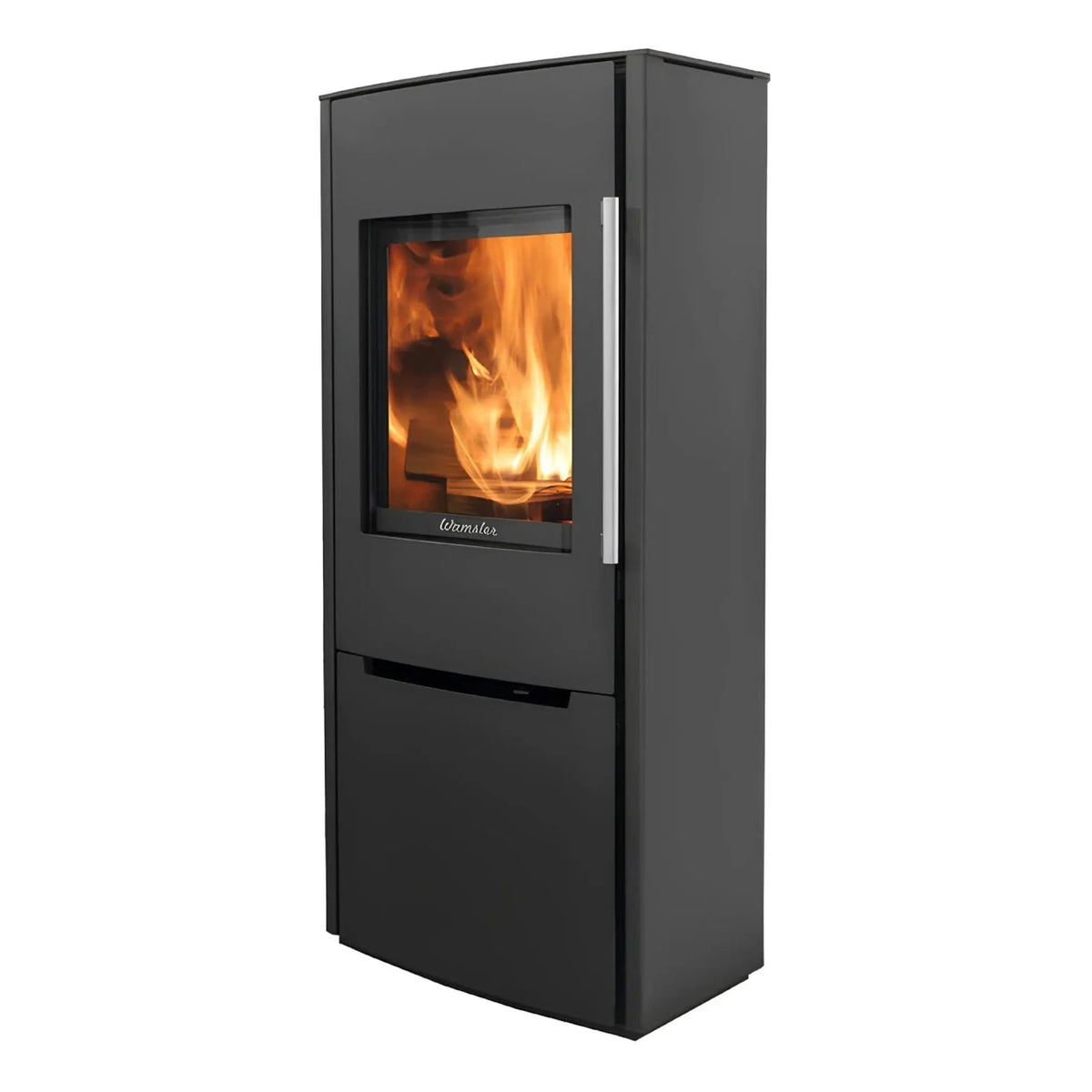 Kaminofen Wamsler Pylon 1G | 6,2 kW – Schwarzer Kaminofen mit Frontverglasung und geschlossenem Unterfach