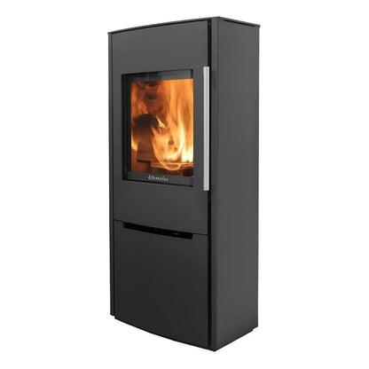 Kaminofen Wamsler Pylon 1G | 6,2 kW – Schwarzer Kaminofen mit Frontverglasung und geschlossenem Unterfach