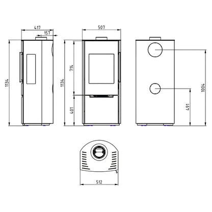 Kaminofen Wamsler Pylon 1G | 6,2 kW – Vollständige technische Maßzeichnung mit mehreren Geräteansichten
