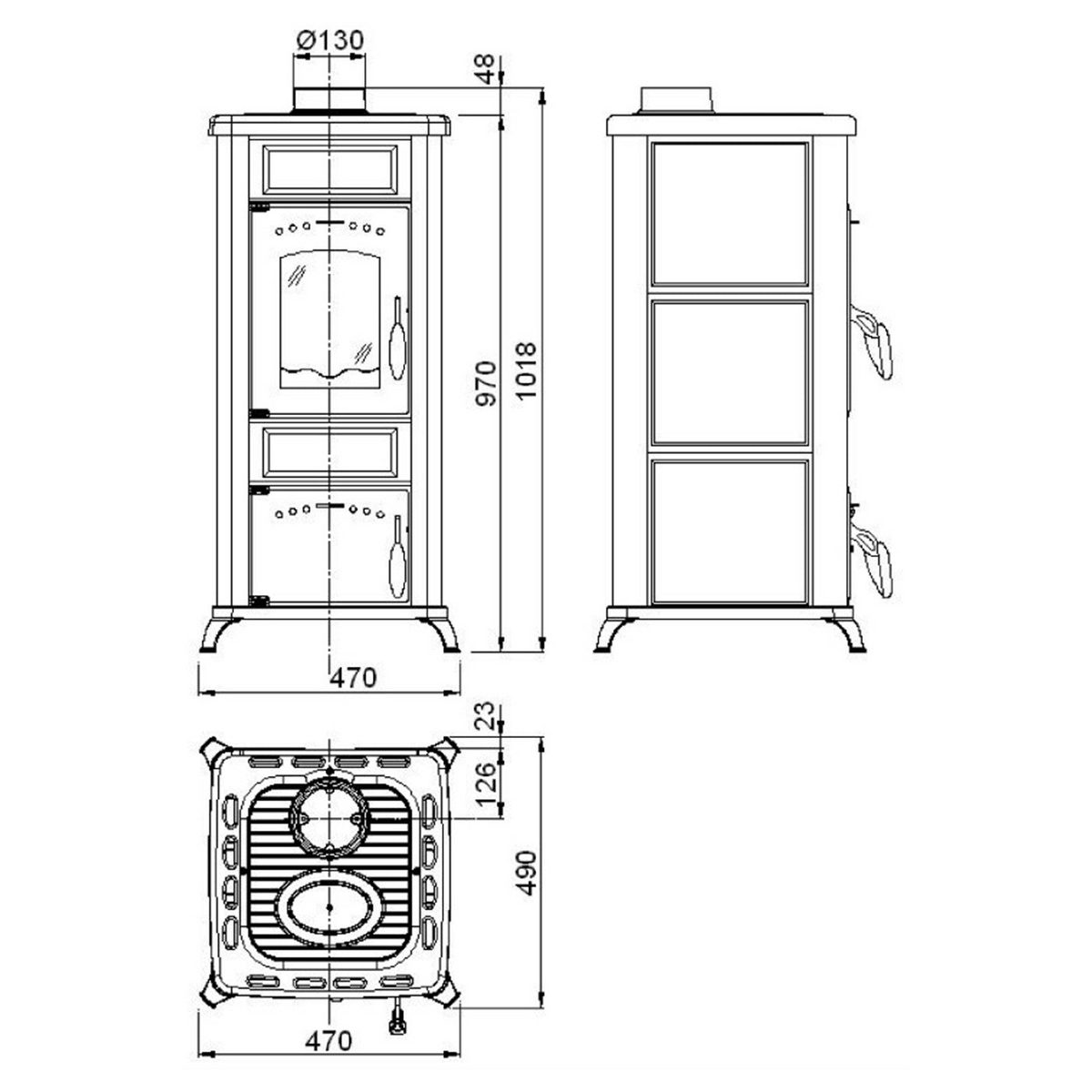 Kaminofen Wamsler Romantik II | 7,5 kW – Vollständige bemaßte technische Ansichten