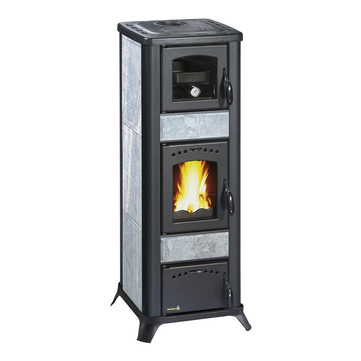 Kaminofen Wamsler Romantik II mit Backfach | 7,5 kW – Schrägansicht mit Backfach und Kochplatte
