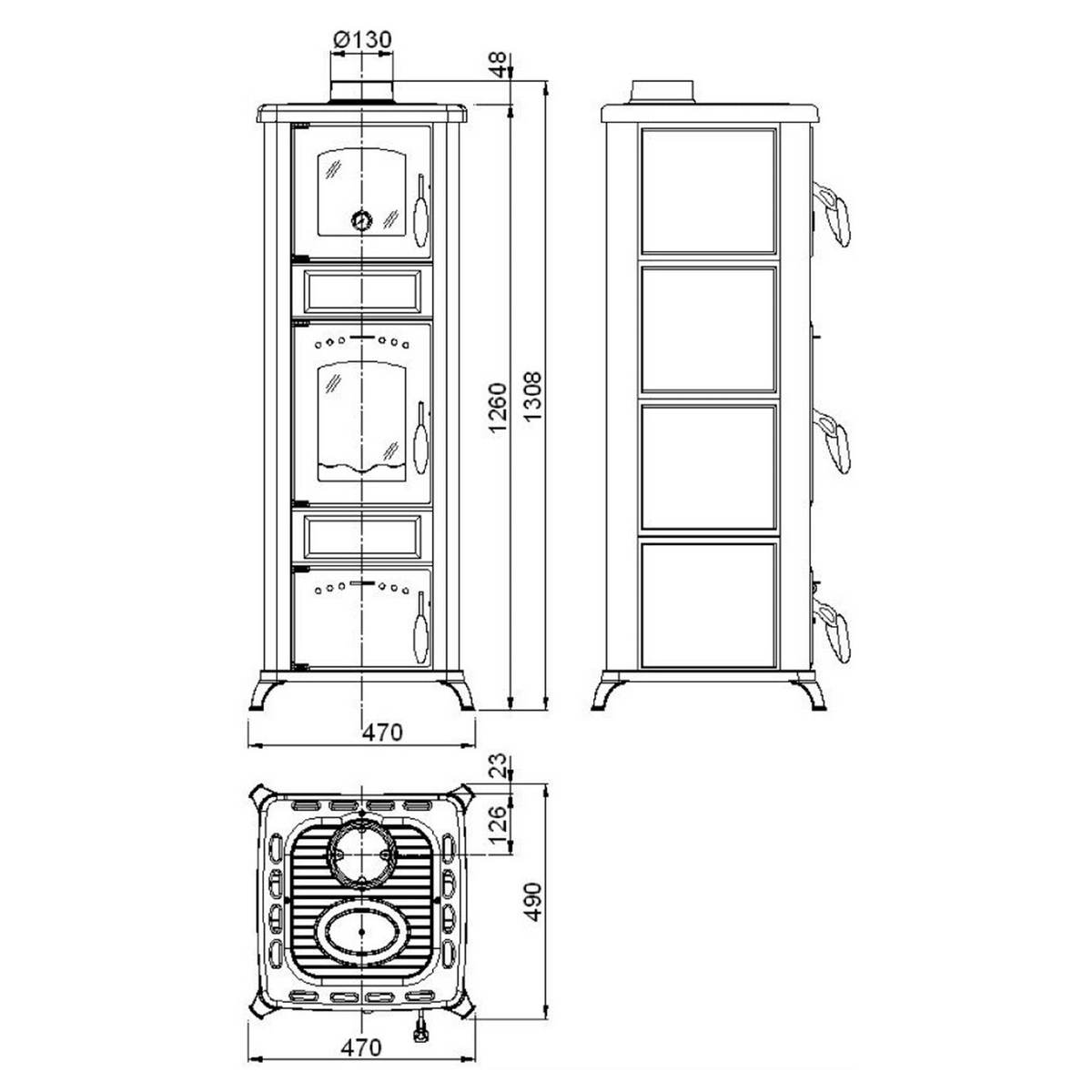 Kaminofen Wamsler Romantik II mit Backfach | 7,5 kW – Vollständige bemaßte technische Ansichten