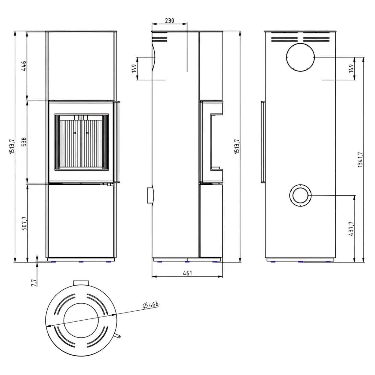 Kaminofen Wamsler Rook | 6,3 kW – Vollständige technische Maßzeichnung mit mehreren Geräteansichten