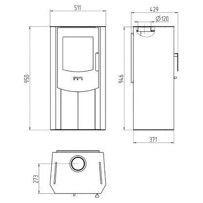 Kaminofen Wamsler SAM Stahl | 6 kW – Vollständige technische Maßzeichnung mit mehreren Geräteansichten