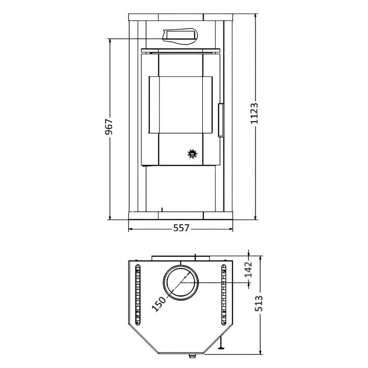 Dauerbrandofen Wamsler Thyra DB mit Automatik | 6 kW – Bemaßte Vorderansicht und Draufsicht