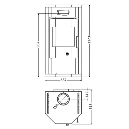 Dauerbrandofen Wamsler Thyra DB mit Automatik | 6 kW – Bemaßte Vorderansicht und Draufsicht