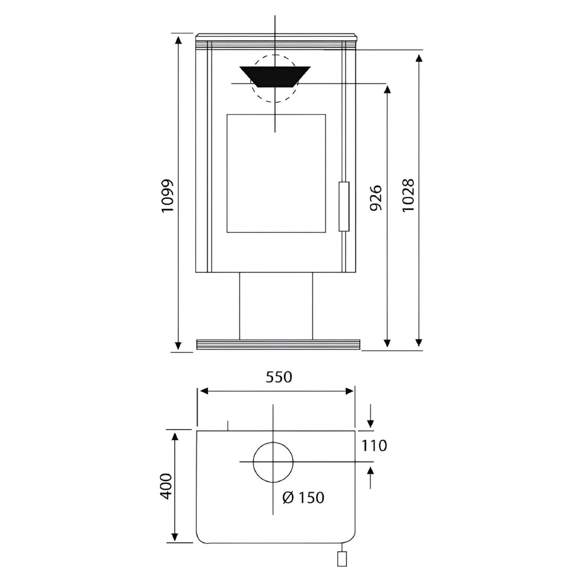 Kaminofen Wamsler Trion | 8 kW – Vollständige technische Maßzeichnung mit mehreren Geräteansichten