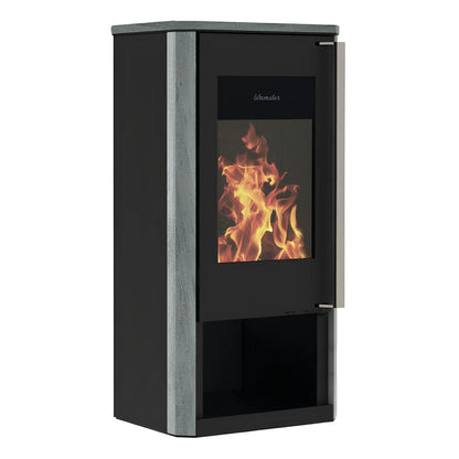 Kaminofen Wamsler Turon Naturstein | 8 kW – Kaminofen mit grauen Natursteinseiten und offenem Holzfach