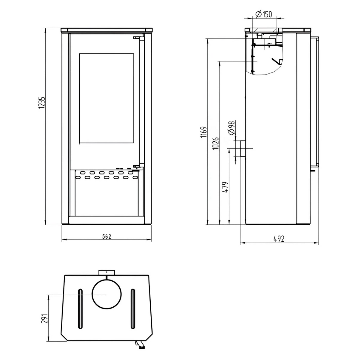 Kaminofen Wamsler Turon Naturstein | 8 kW – Vollständige technische Maßzeichnung mit mehreren Geräteansichten