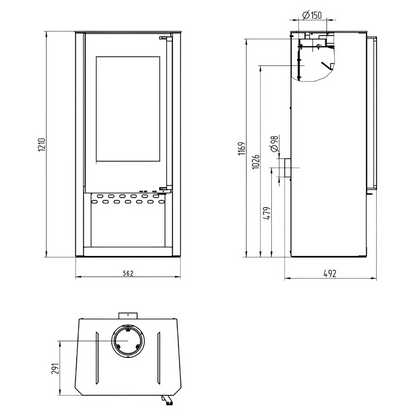 Kaminofen Wamsler Turon Stahl | 8 kW – Vollständige technische Maßzeichnung mit mehreren Geräteansichten