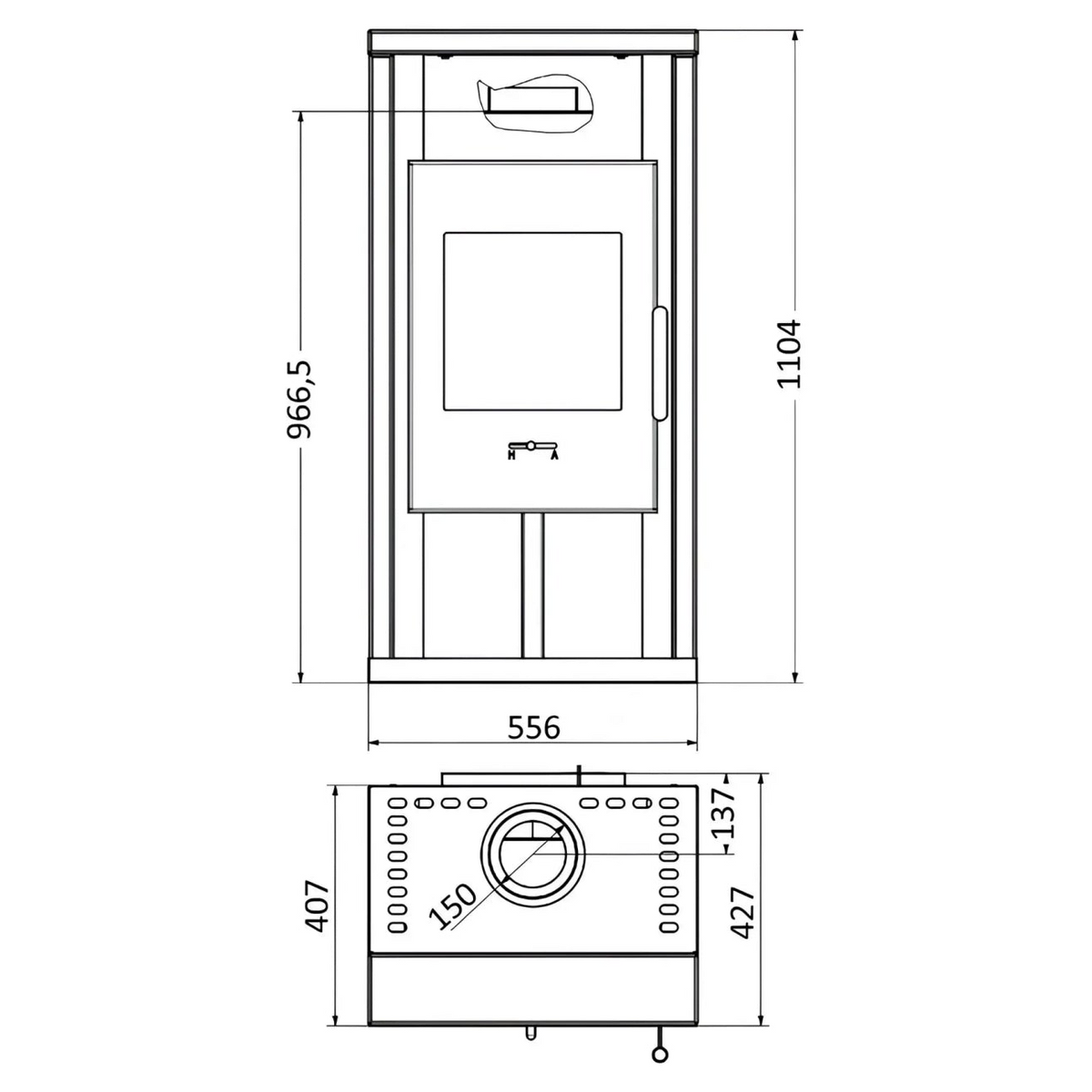 Kaminofen Wamsler Yuna Naturstein | 6 kW – Bemaßte Vorderansicht und Draufsicht