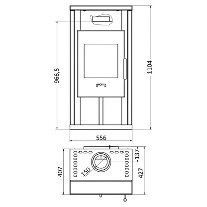 Kaminofen Wamsler Yuna Naturstein | 6 kW – Bemaßte Vorderansicht und Draufsicht