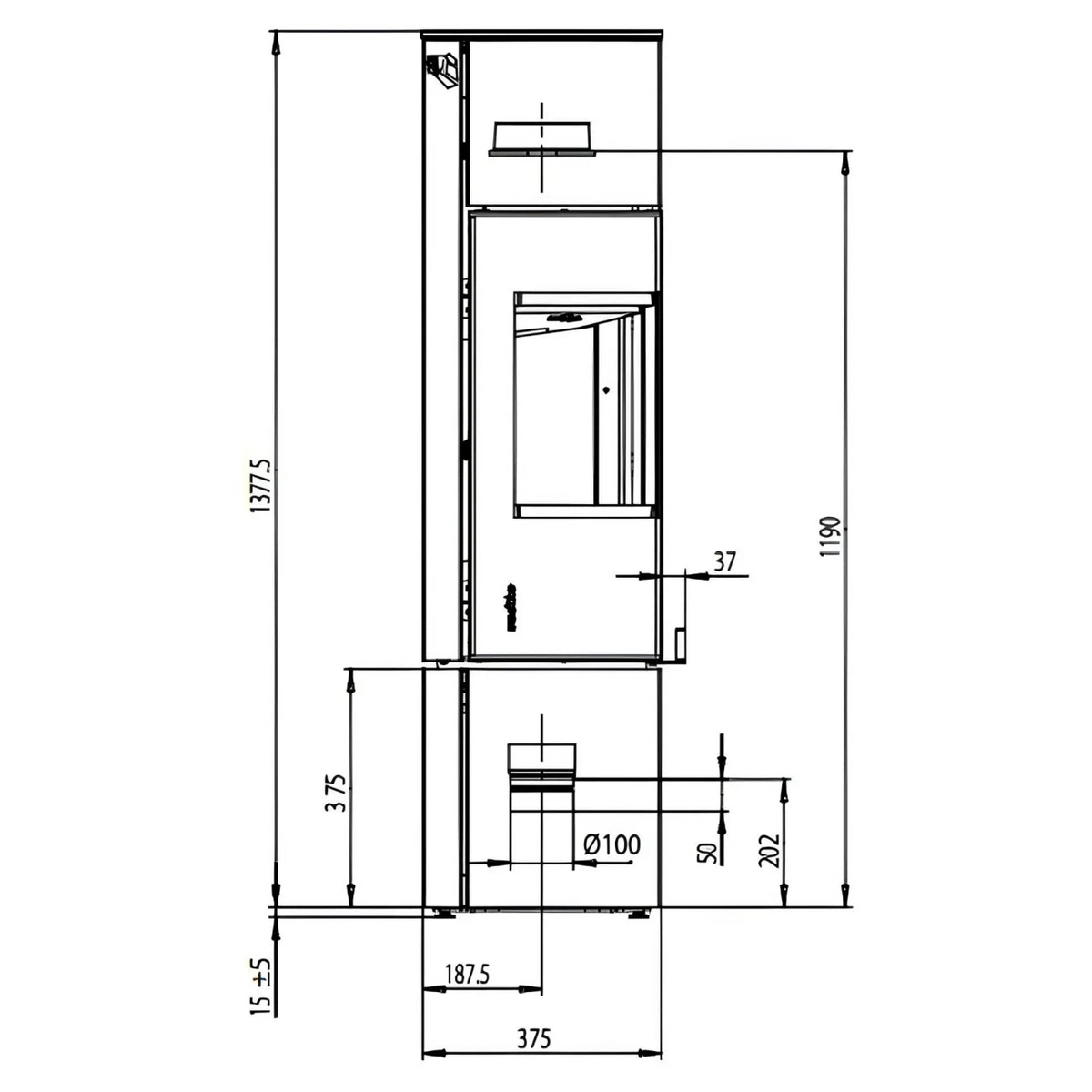 Kaminofen Wodtke Club 11 | 5 kW – Technische Seitenansicht des Kaminofens mit Maßangaben