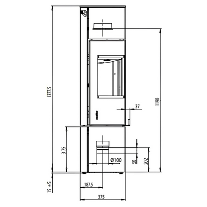 Kaminofen Wodtke Club 11 | 5 kW – Technische Seitenansicht des Kaminofens mit Maßangaben