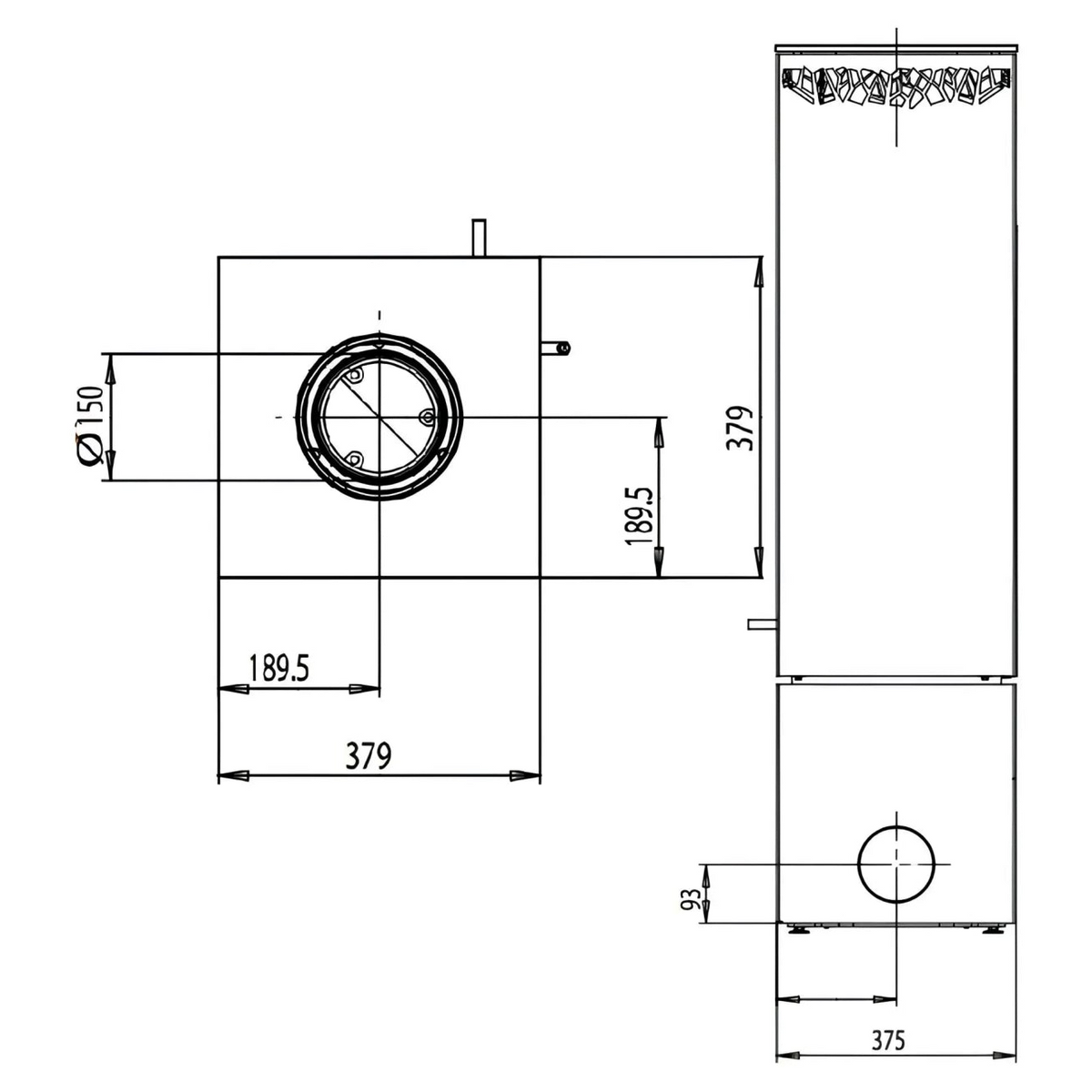 Kaminofen Wodtke Club 11 | 5 kW – Technische Zeichnung der Rückseite und Draufsicht mit Anschlussmaßen