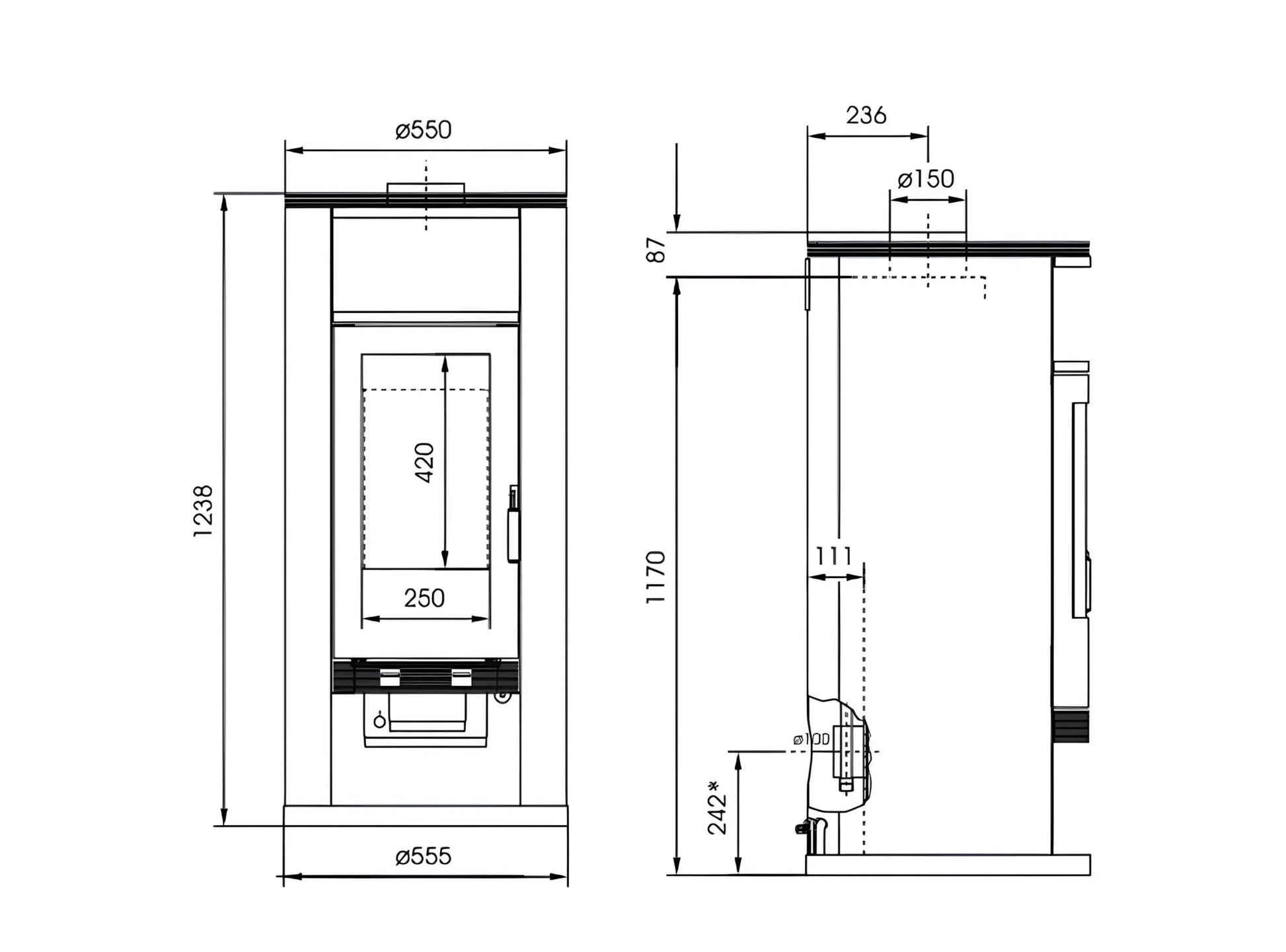Kaminofen Wodtke Momo water+ wasserführend Technische Zeichnung - ofenerlebnis.de