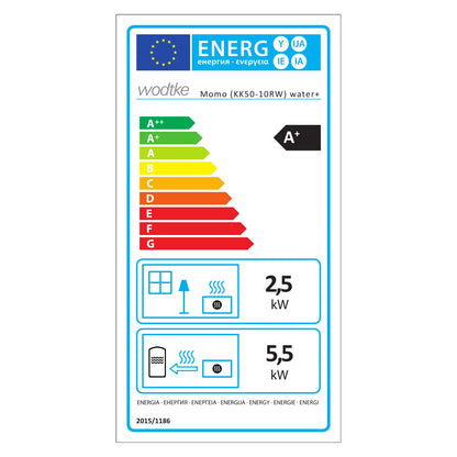 Offizielles Wodtke Energielabel Momo water+ KK50-10RW – 8 kW (2,5 Raum + 5,5 Wasser) – A+