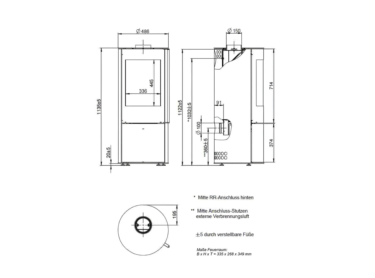 Kaminofen Wodtke Porto raumluftunabhängig Technische Zeichnung - ofenerlebnis.de