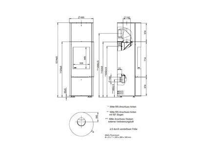 Kaminofen Wodtke Porto Largo raumluftunabhängig Technische Zeichnung - ofenerlebnis.de