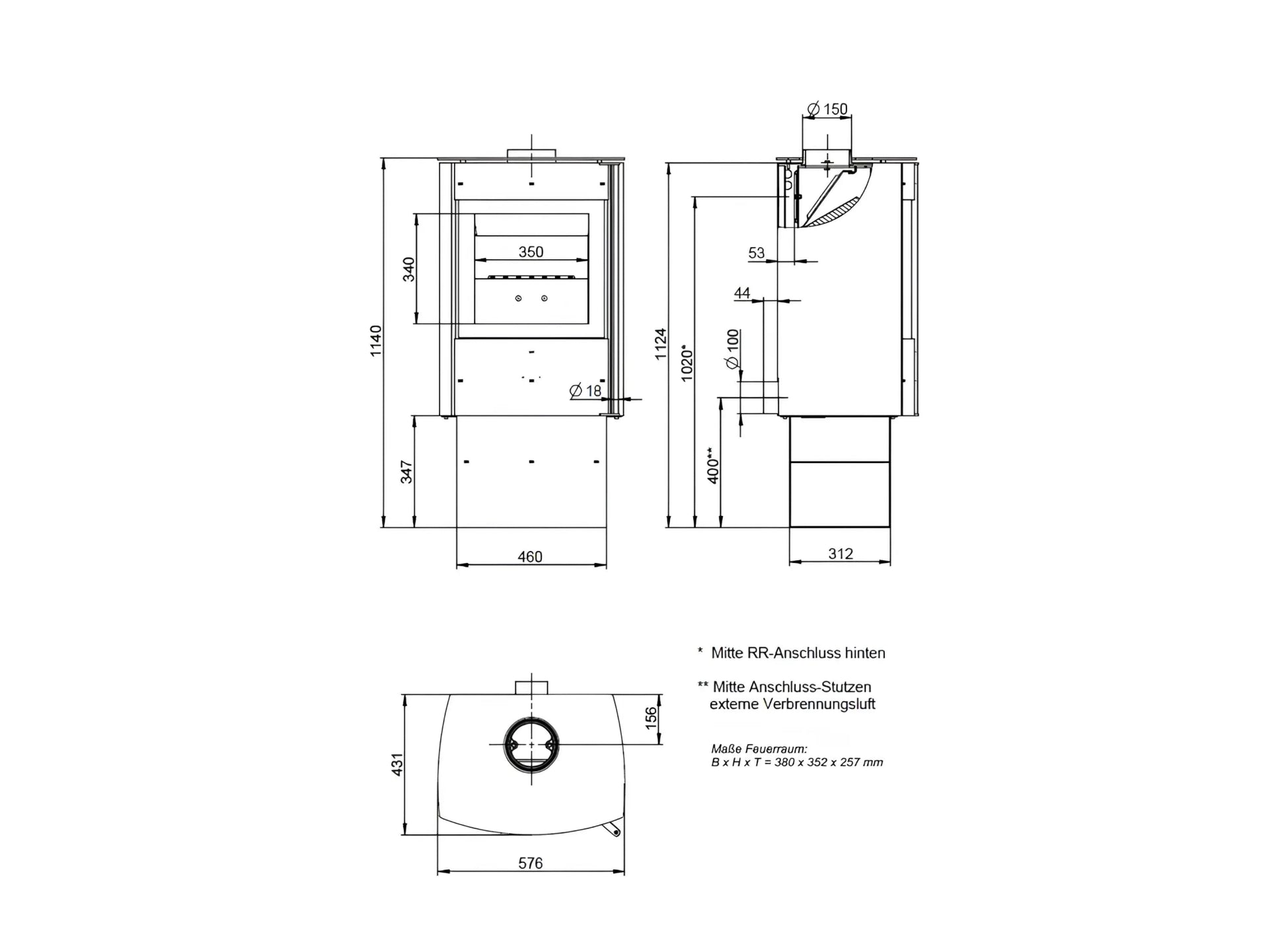 Kaminofen Wodtke Spencer raumluftunabhängig Maße - ofenerlebnis.de