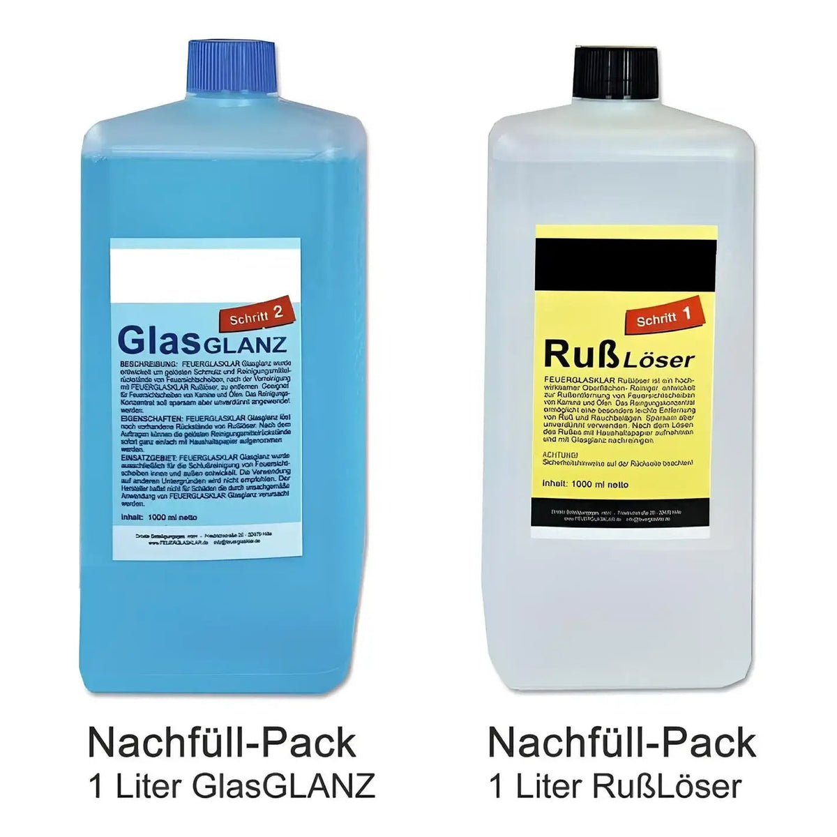 Kaminscheiben Nachfüllpack 1000 ml – Zwei Nachfüllflaschen mit vollständiger Mengenbeschriftung