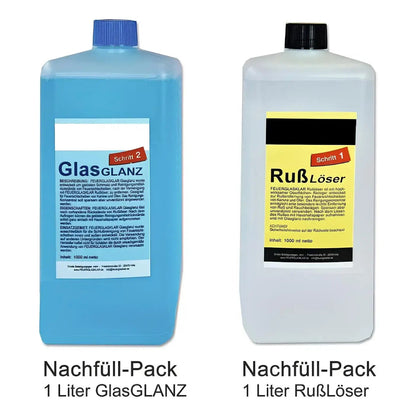Kaminscheiben Nachfüllpack 1000 ml – Zwei Nachfüllflaschen mit vollständiger Mengenbeschriftung