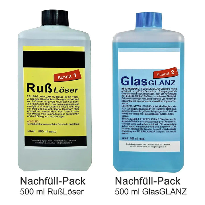 Kaminscheiben Nachfüllpack 500 ml – Zwei Nachfüllflaschen mit vollständiger Mengenbeschriftung