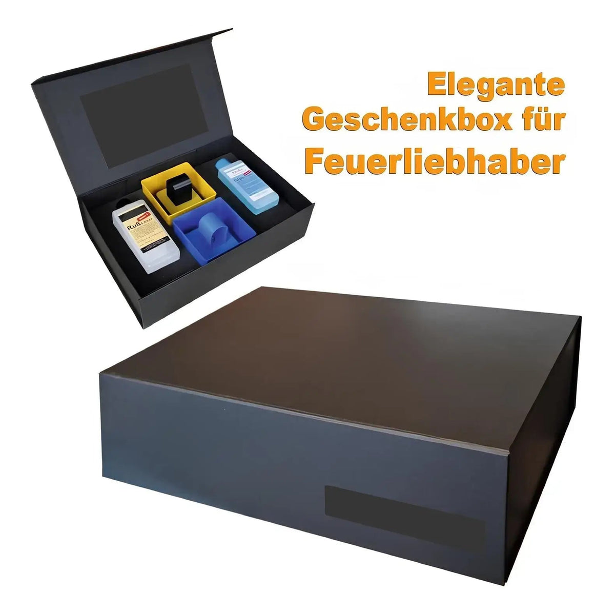Kaminscheiben Präsent-BOX kompakt – Geöffnete und geschlossene Geschenkbox mit vorhandenem Begleittext