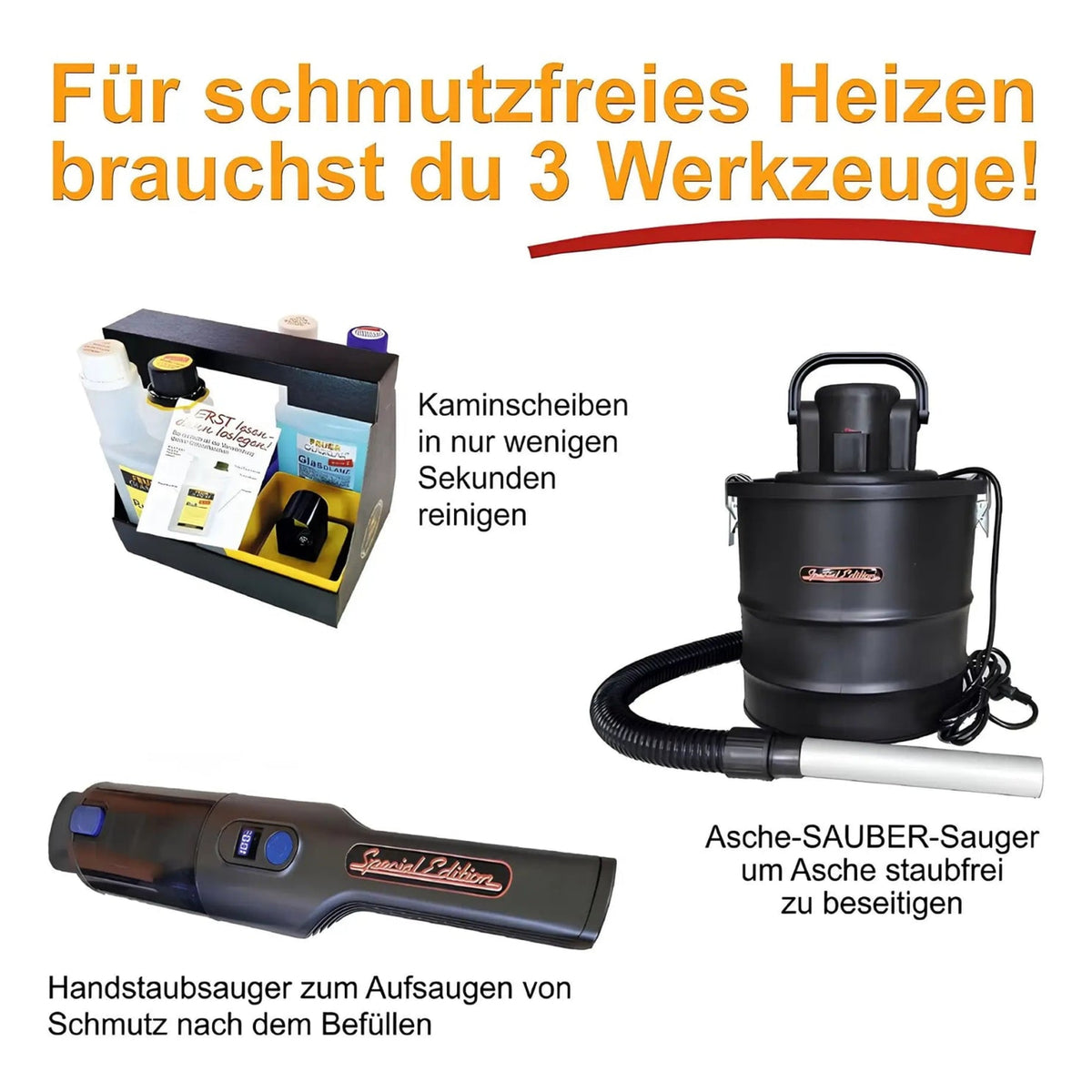 Kaminscheiben Präsent-BOX kompakt – Vorhandene Übersichtsgrafik der drei Reinigungswerkzeuge