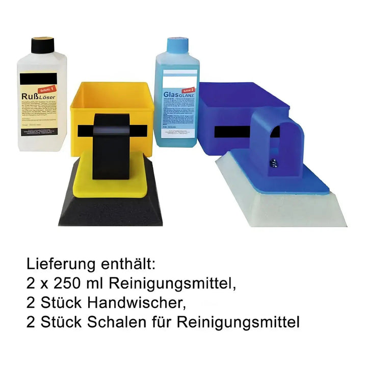 Kaminscheiben PROBIER-SET – Beschriftete Übersicht des Probier-Sets mit Flaschen, Handwischern und Schalen