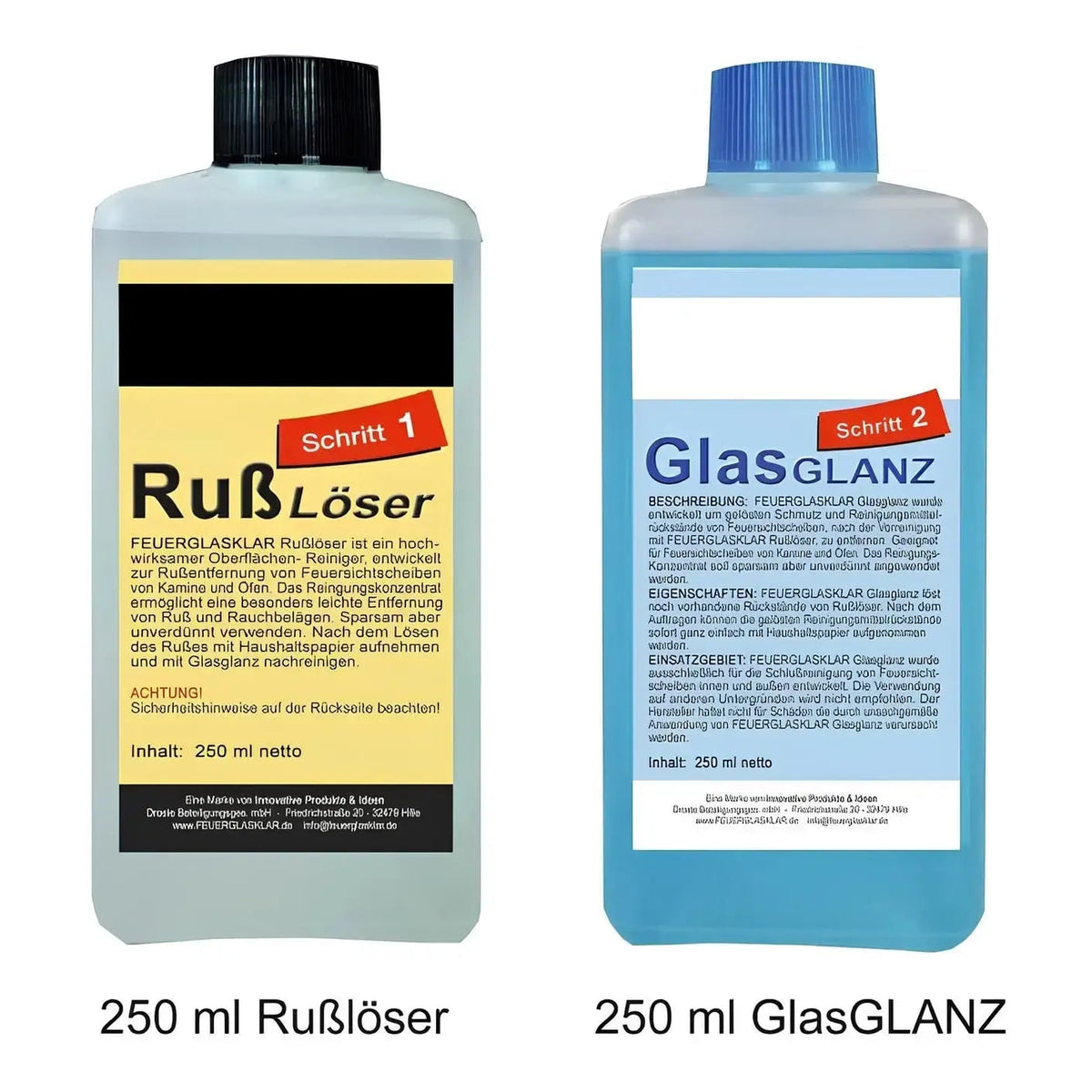 Kaminscheiben PROBIER-SET – Zwei beschriftete Reinigungsflaschen nebeneinander