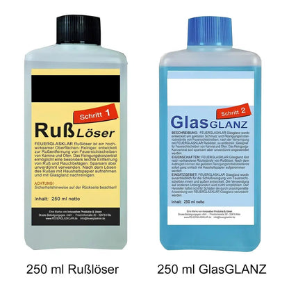 Kaminscheiben PROBIER-SET – Zwei beschriftete Reinigungsflaschen nebeneinander