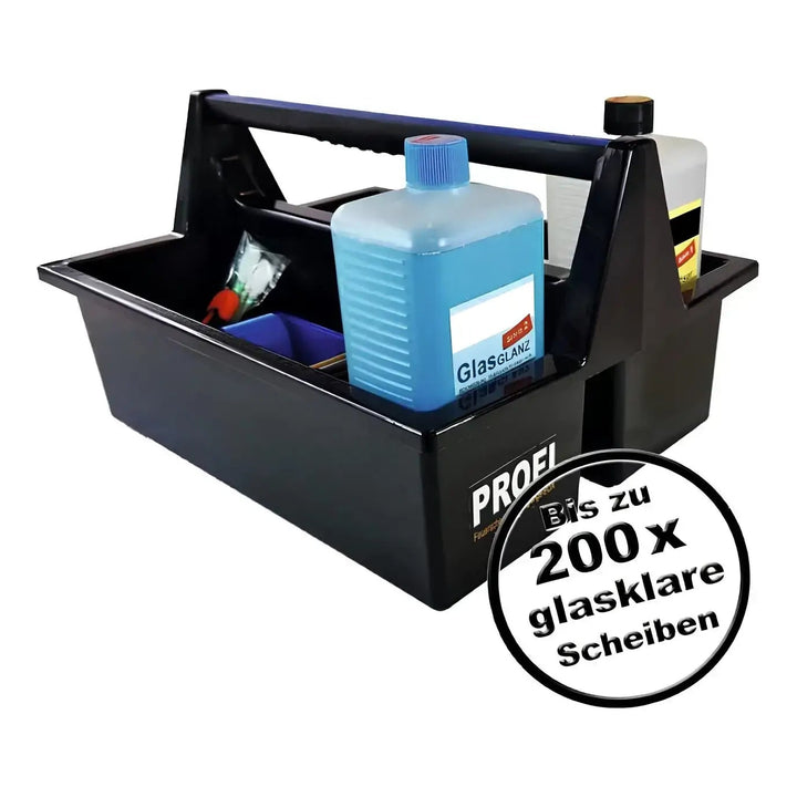 Kaminscheiben PROFI-BOX – Befüllte Profi-Box mit Tragegriff und vorhandenem Anwendungshinweis
