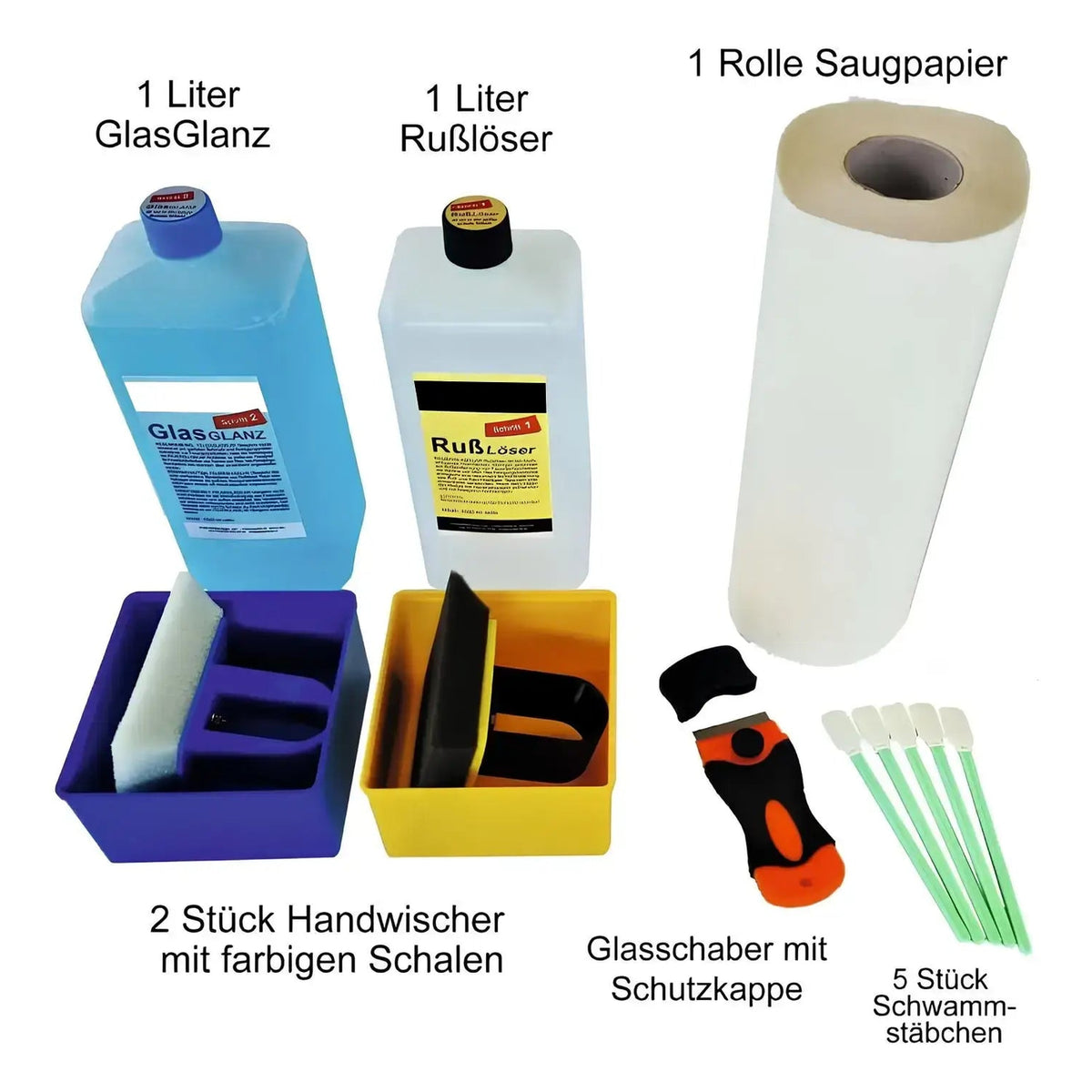 Kaminscheiben PROFI-BOX – Beschriftete Übersicht von Reinigungsflaschen, Werkzeugen und Saugpapier
