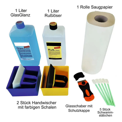 Kaminscheiben PROFI-BOX – Beschriftete Übersicht von Reinigungsflaschen, Werkzeugen und Saugpapier