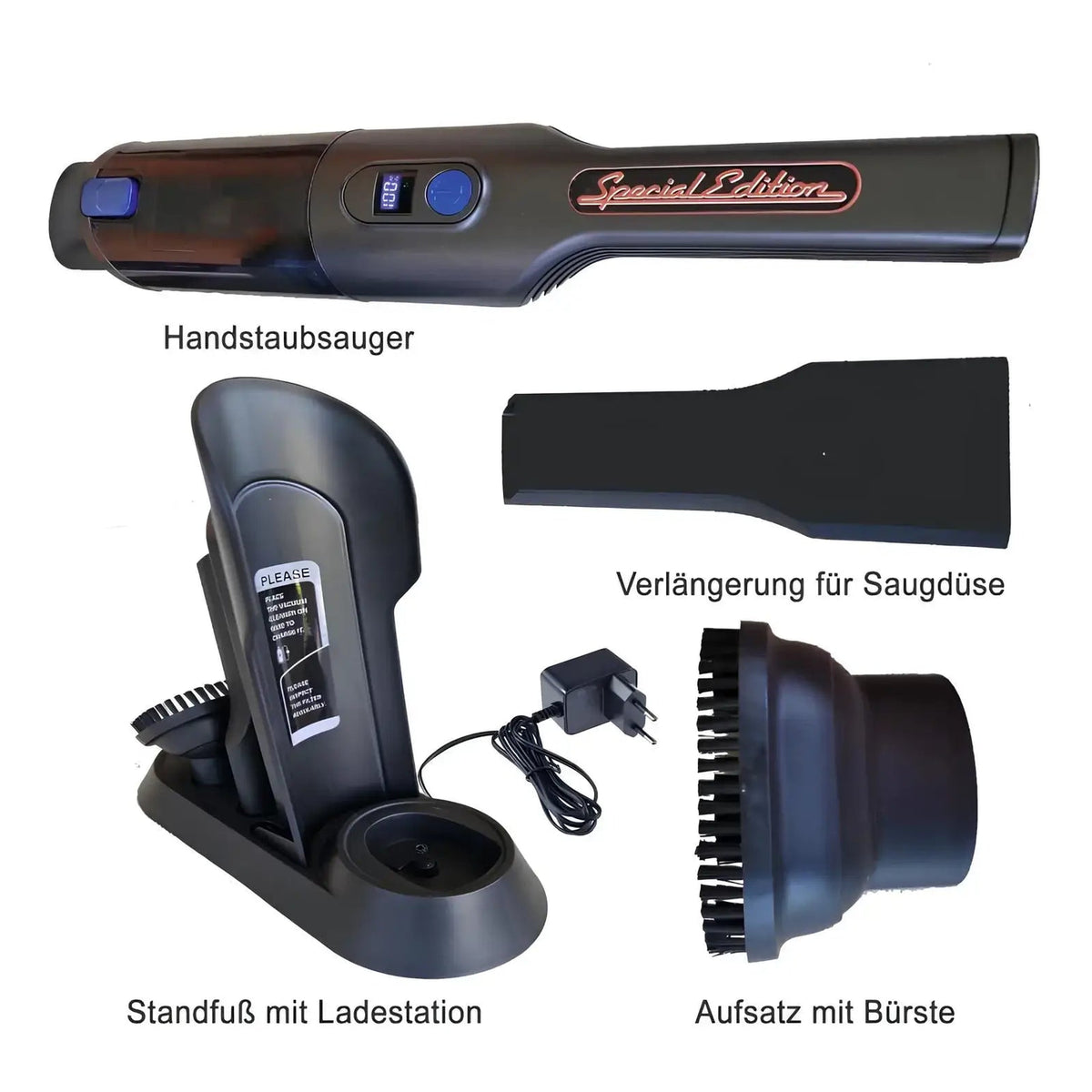 Komplette Sauber-Ausstattung – Beschriftete Übersicht des Handstaubsaugers mit Ladestation und Aufsätzen