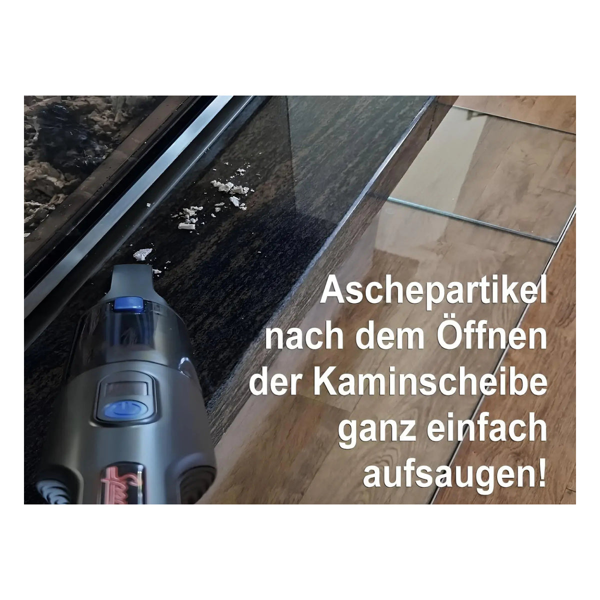 Komplette Sauber-Ausstattung – Handstaubsauger beim Entfernen von Asche an der Kaminscheibe