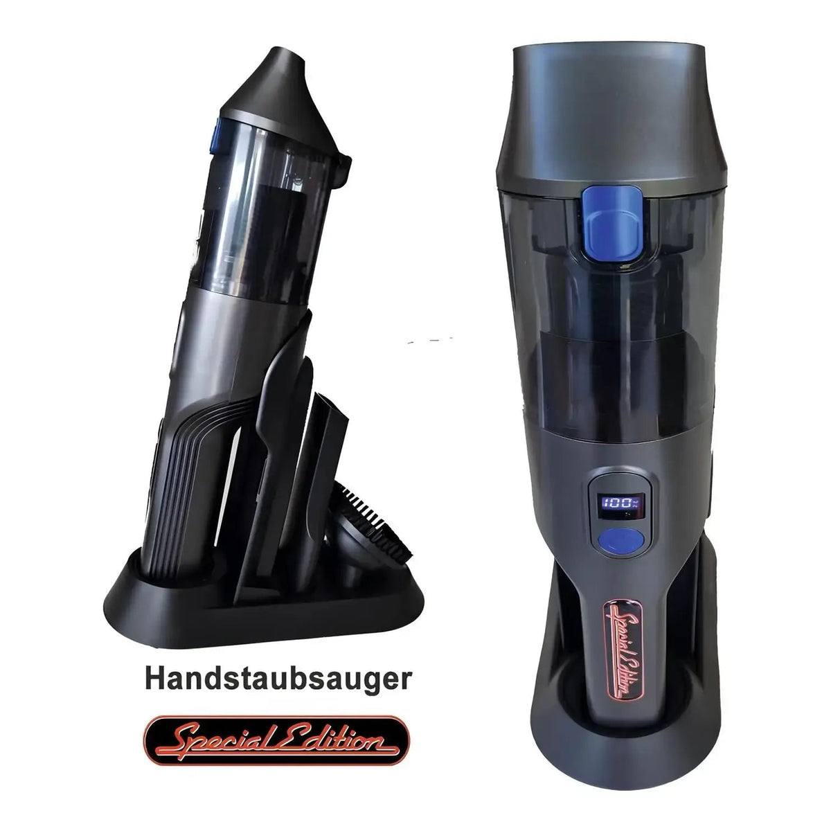 Komplette Sauber-Ausstattung – Handstaubsauger neben seiner Ladestation