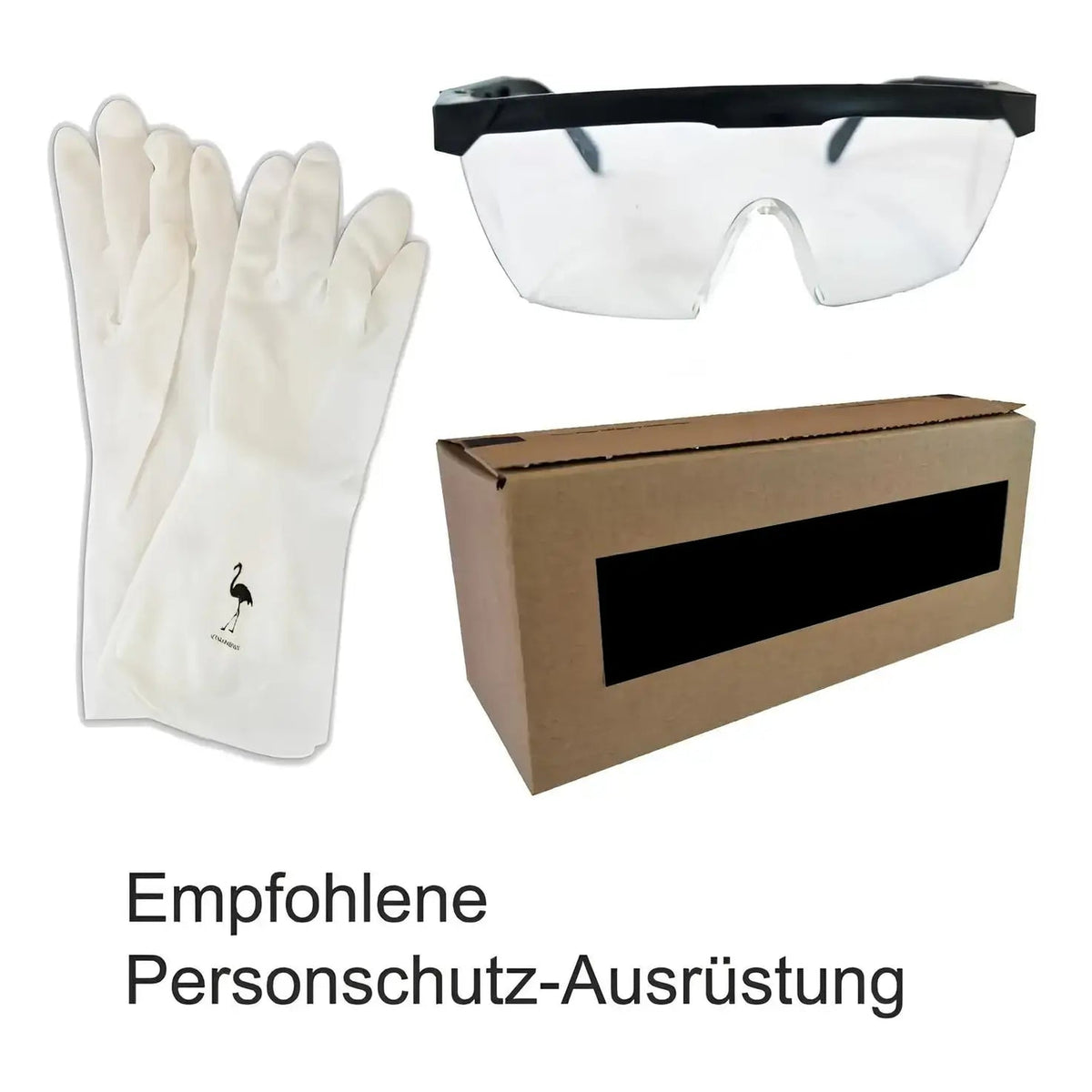 Komplette Sauber-Ausstattung – Schutzhandschuhe und Schutzbrille mit Verpackung und Begleittext