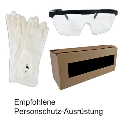 Komplette Sauber-Ausstattung – Schutzhandschuhe und Schutzbrille mit Verpackung und Begleittext
