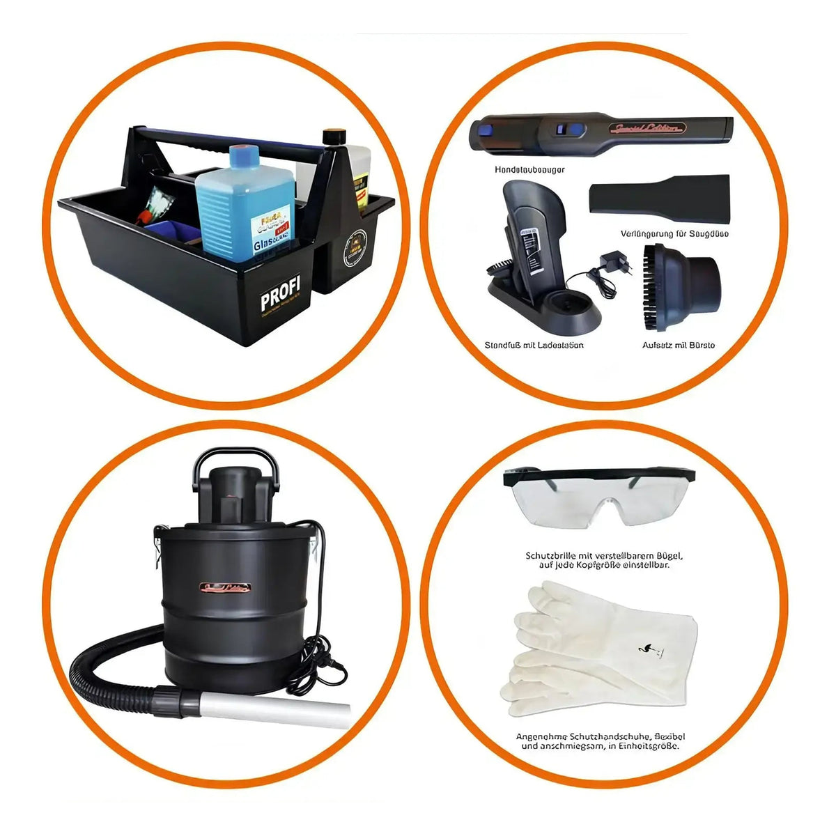 Komplette Sauber-Ausstattung – Vier Bildgruppen der enthaltenen Reinigungswerkzeuge und Schutzausrüstung