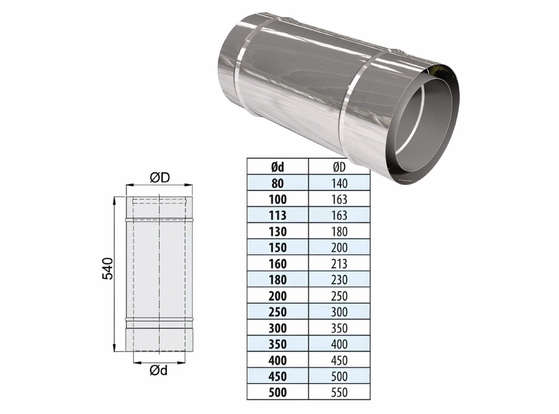Längenelement 540 mm - doppelwandig - eka edelstahlkamine complex D