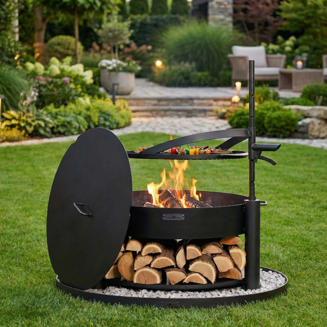 Multifunktionale Feuerschale MONTANA X 80 cm + Grillrost + Deckel + Feuerschalenbasis rund – Feuerschale mit schwenkbarem Rost und Deckel im Garten