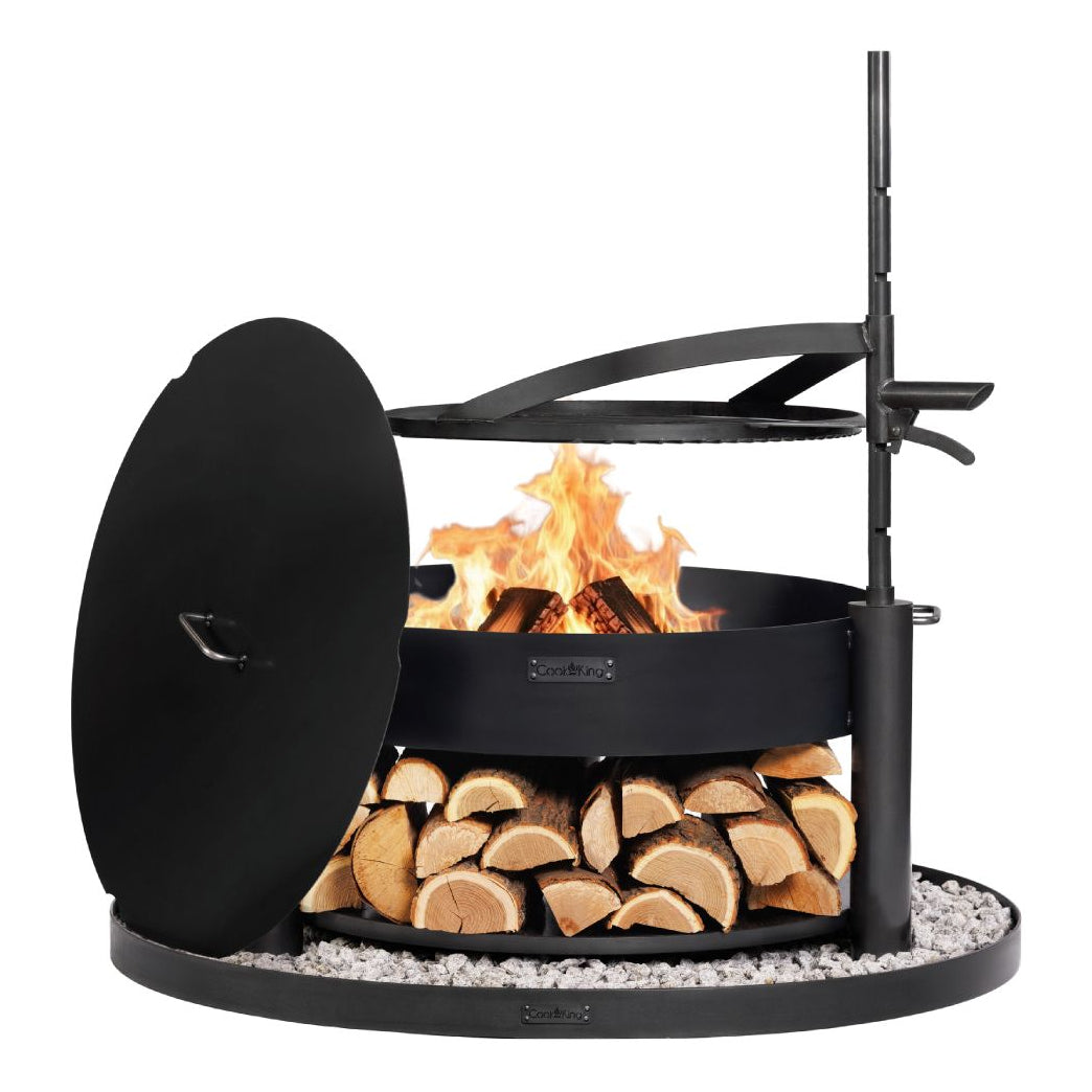 Multifunktionale Feuerschale MONTANA X 80 cm + Grillrost + Deckel + Feuerschalenbasis rund – Feuerschale mit schwenkbarem Rost, Deckel und Bodenplatte