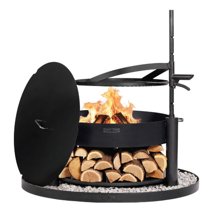 Multifunktionale Feuerschale MONTANA X 80 cm + Grillrost + Deckel + Feuerschalenbasis rund – Feuerschale mit schwenkbarem Rost, Deckel und Bodenplatte