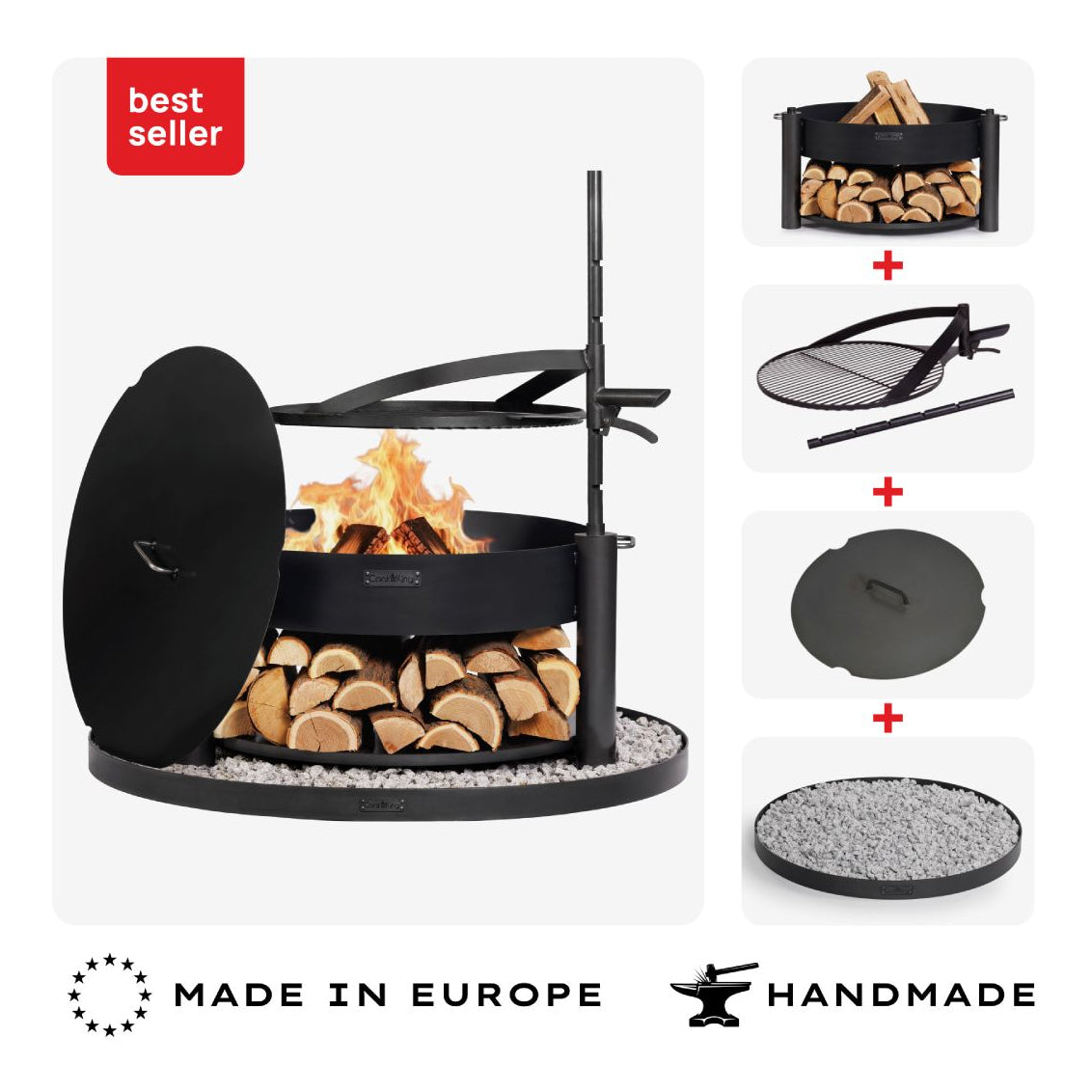 Multifunktionale Feuerschale MONTANA X 80 cm + Grillrost + Deckel + Feuerschalenbasis rund – Übersicht des Sets mit schwenkbarem Rost, Deckel und Bodenplatte