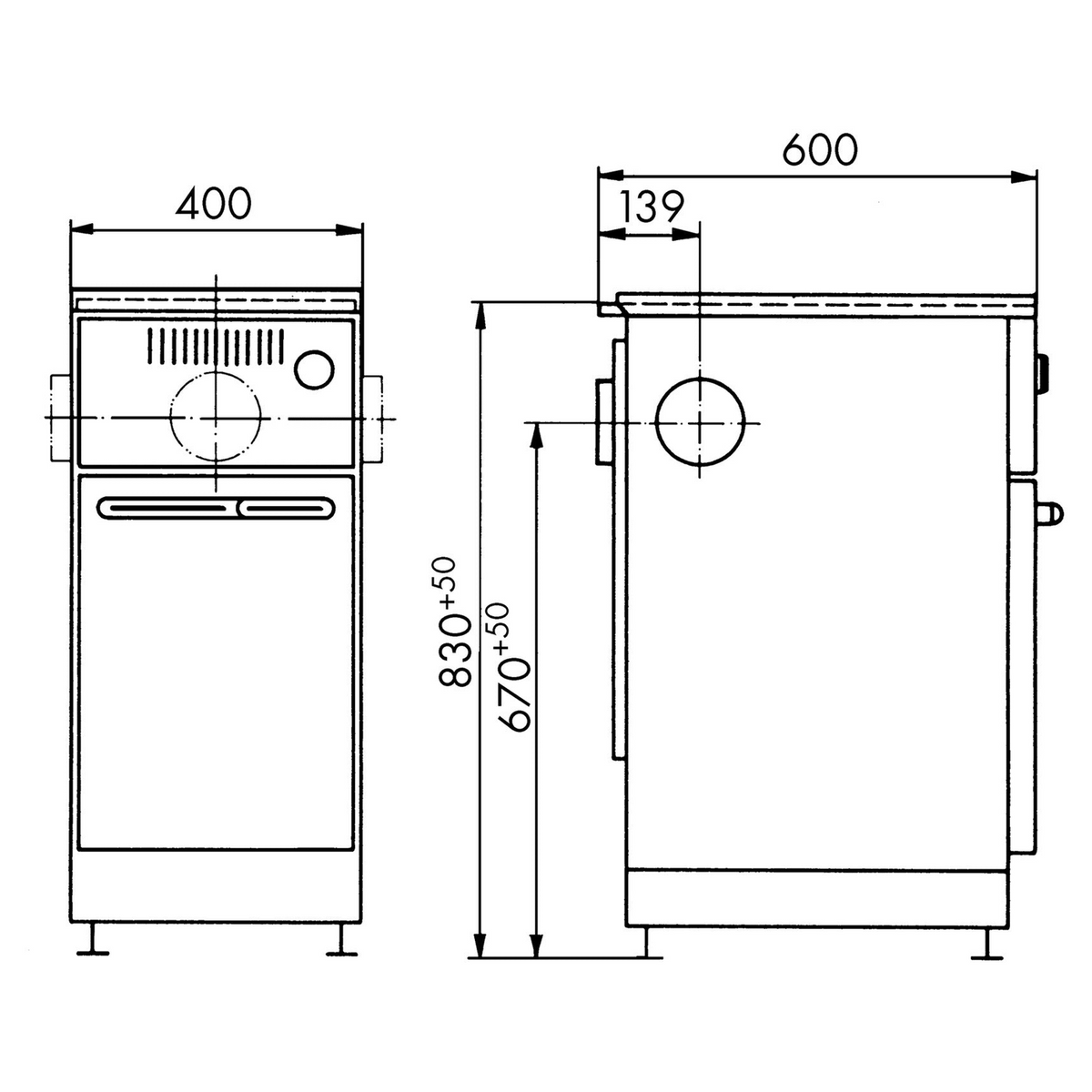 Ölherd Wamsler OZ 444 S | 4/5 kW – Vollständige bemaßte technische Ansichten