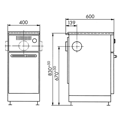 Ölherd Wamsler OZ 444 S | 4/5 kW – Vollständige bemaßte technische Ansichten