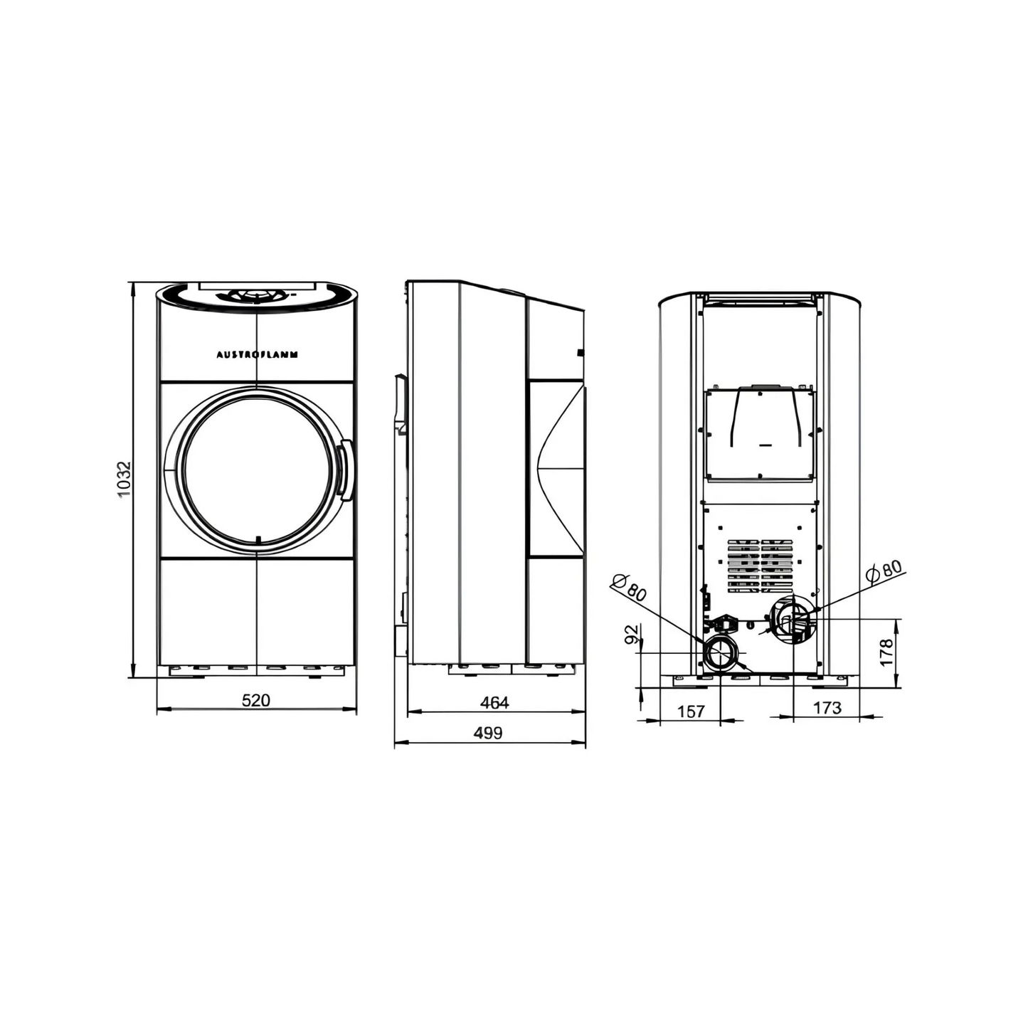 Technische Zeichnung Pelletofen Austroflamm Clou Compact Pellet