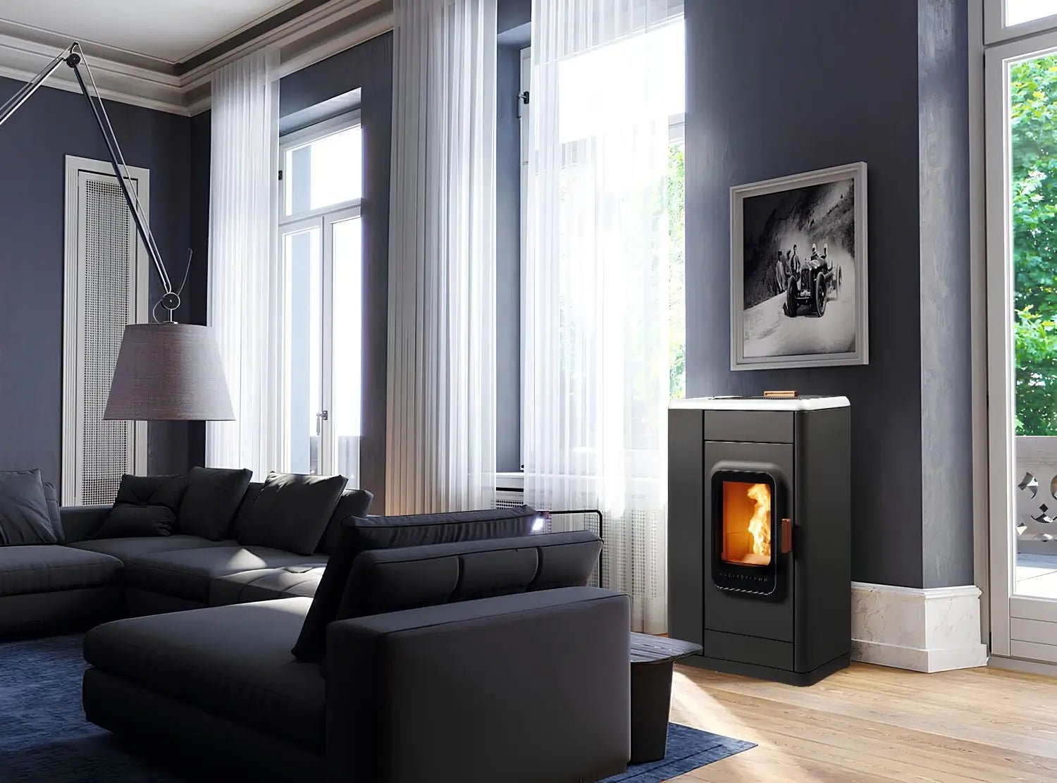 austroflamm-ruby-pelletofen-stahl-schwarz-topplatte-keramik-weiss - ofenerlebnis.de